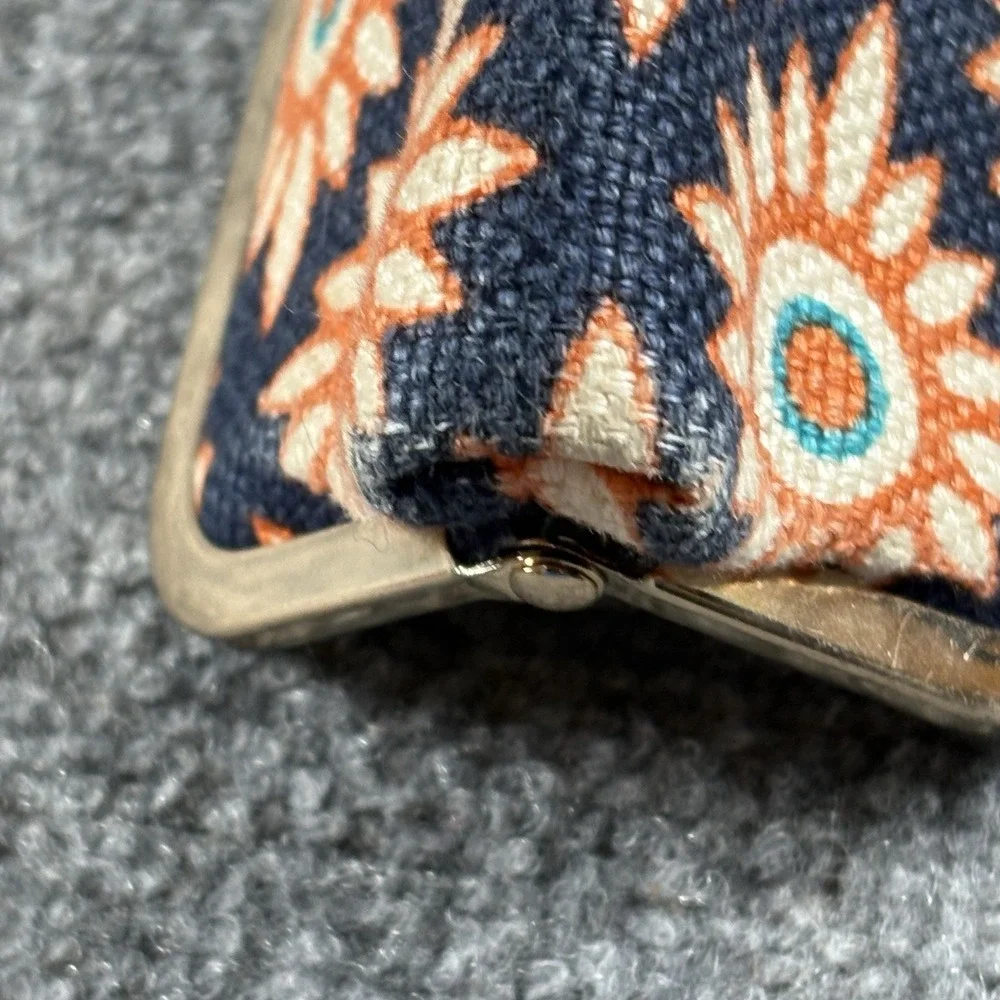 Spartina 449 Eyeglass Case Floral Linen Leather Clamshell Kiss Lock Navy Orange